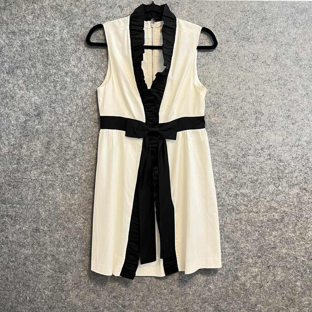 Alice + Olivia Dress Womens XS White Black Ruffle Belted V Neck A-Line Mini